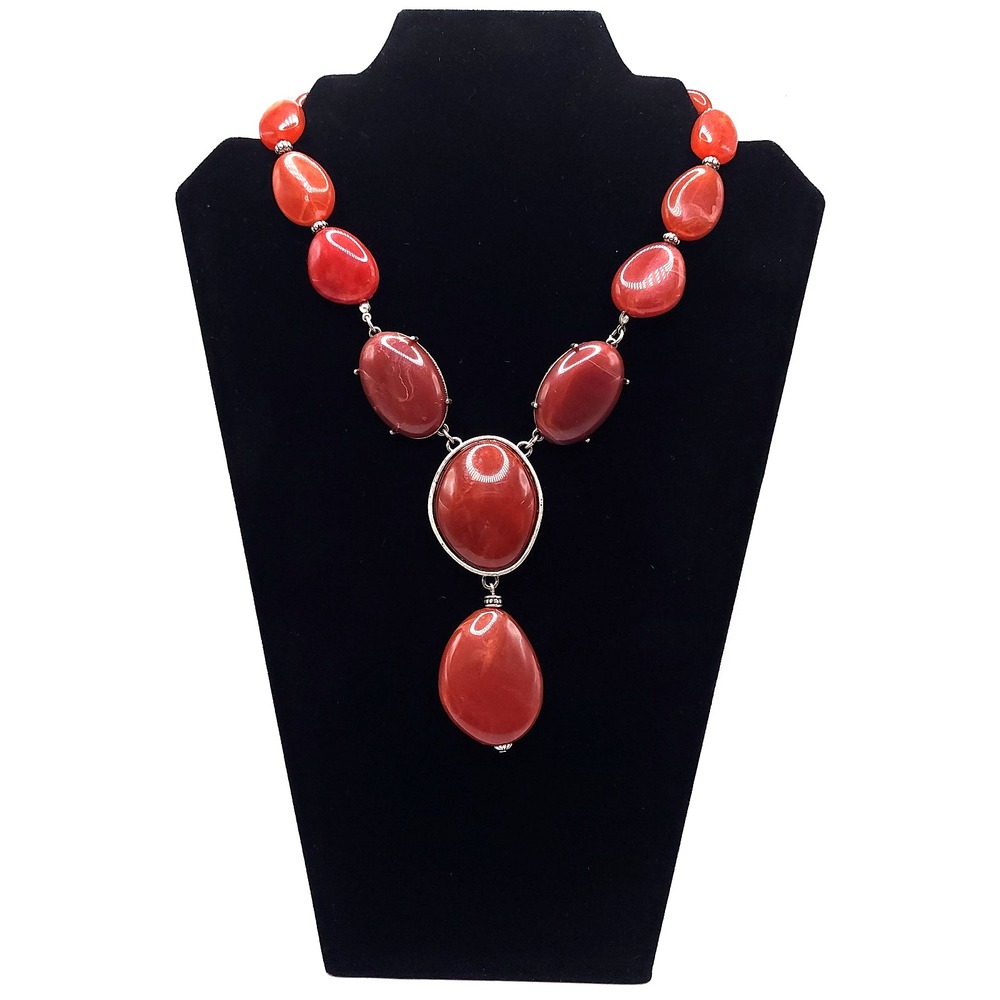 Red Faux Carnelian Y Drop Statement Necklace Silver Tone Vintage Style